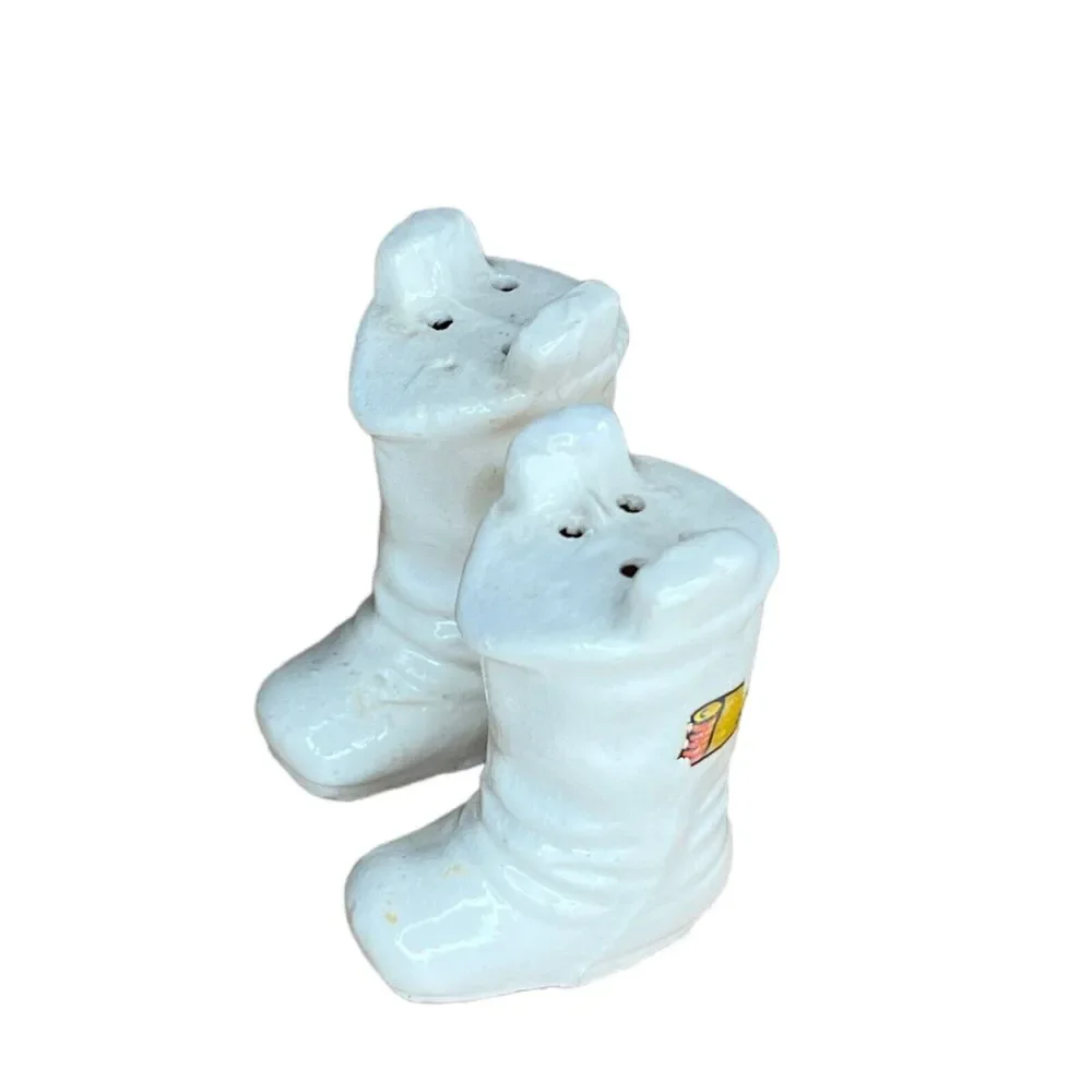 Vintage Porcelain White Cowboy Boot Salt N Pepper Shakers Made in Japan 2.5
